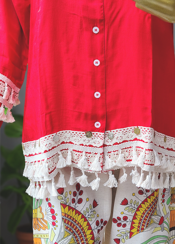 Women's Hot Red Shirt & Printed Palazzo Cotton Coord Set – Festive Summer Wear