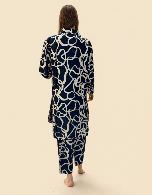 Midnight Maze Co-ord Set – Navy Blue Abstract Printed Cotton