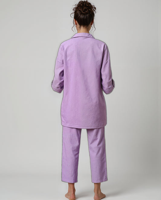 Lilac Cotton Coord Set for Women – Embroidered Floral Hem & Shirt Collar