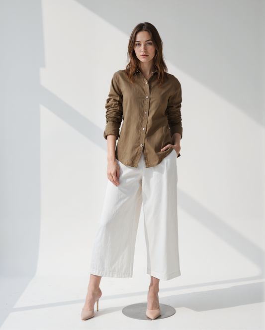 Sandstone Chic Cotton Shirt – Indo-Western Solid Beige Longline Topwear