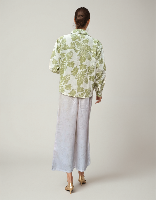Green Botanical Print Cotton Shirt – Long Sleeve Collared Top with Relaxed Fit | Ideal for Casual Outings & Summer Days