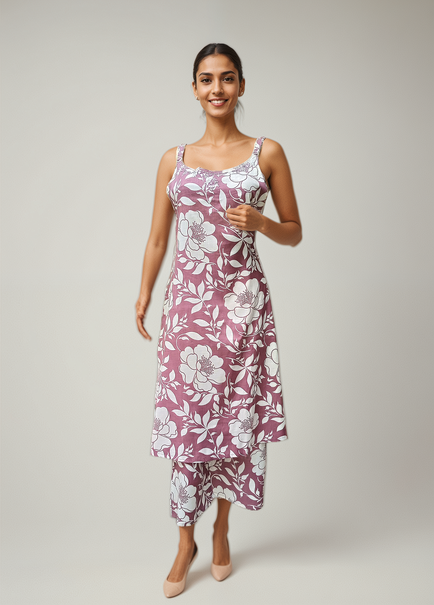 Cotton Floral Coord Set – Sleeveless Printed Kurta with Pants | Summer Co-ord Set | Mauve White Floral | Free Size Fit