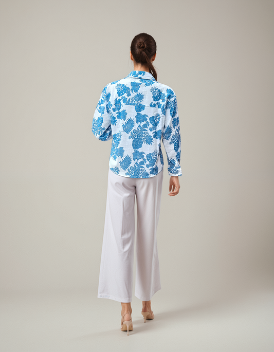 Sky Blue Floral Cotton Shirt – Casual Long Sleeve Collared Shirt with Pockets | Lightweight Summer Shirt for Office & Daily Wear