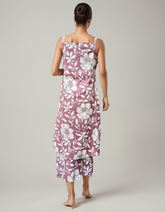 Cotton Floral Coord Set – Sleeveless Printed Kurta with Pants | Summer Co-ord Set | Mauve White Floral | Free Size Fit
