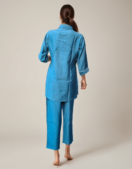 Women’s Blue Floral Cotton Coord Set – 2 Piece Relaxed Fit with Embroidered Detailing