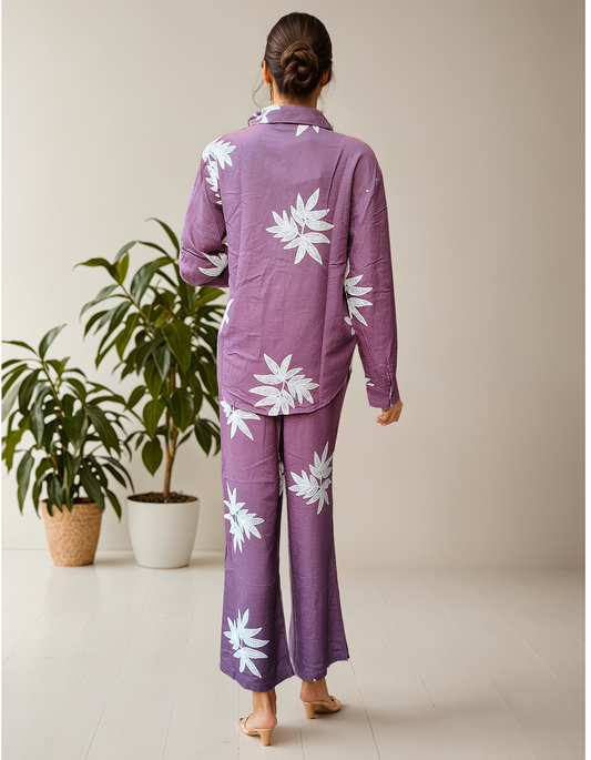 Lavender Coord Set with White Leaf Embroidery