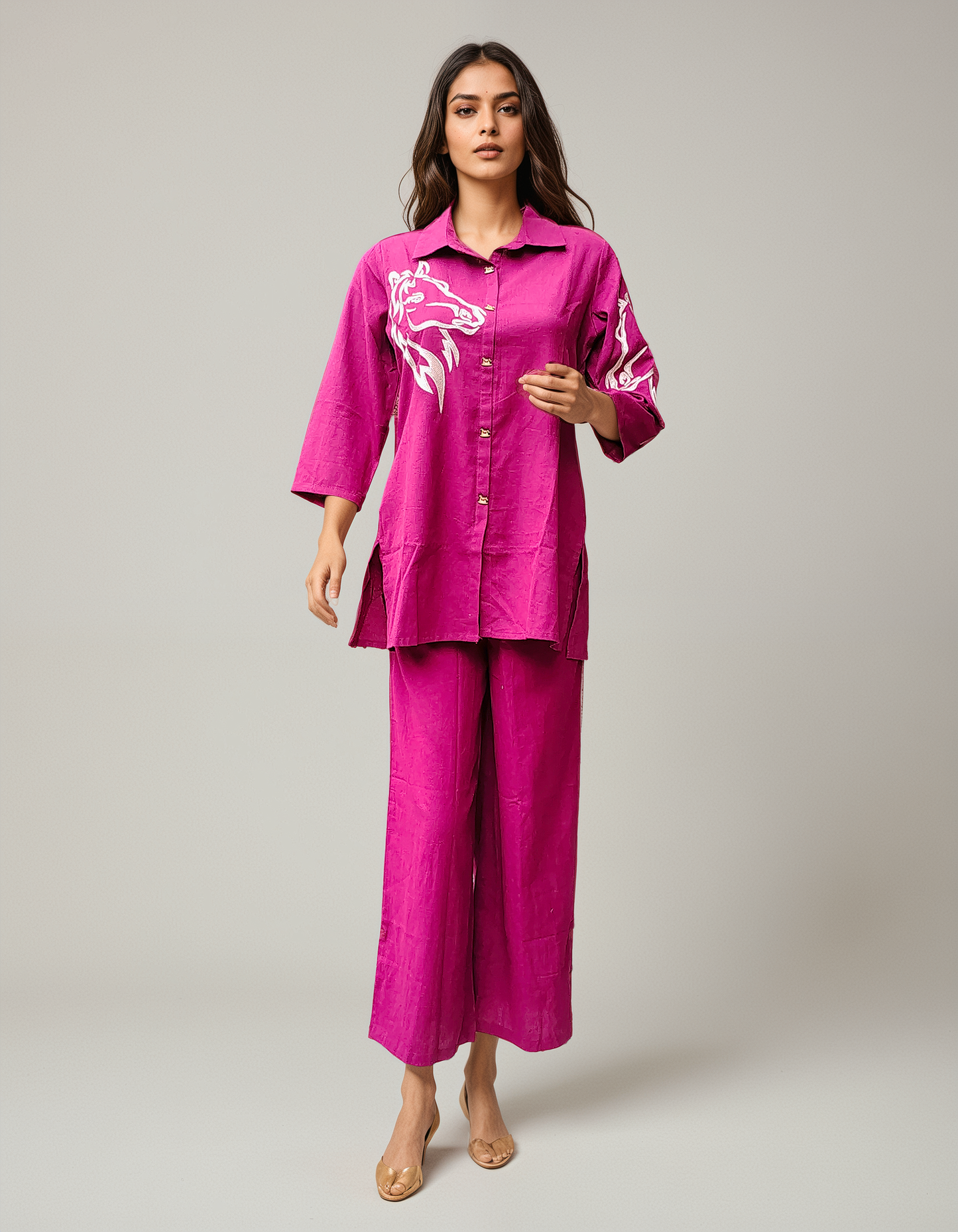 Magenta Horse Motif Coord Set – Cotton Casual Wear for Women