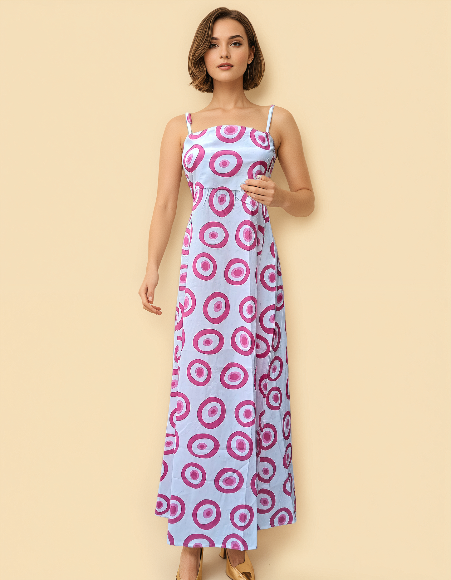 Polka Dot Maxi Dress – Spaghetti Strap Summer Gown | Yellow & Pink Dot Variants | Free Size Cotton Dress
