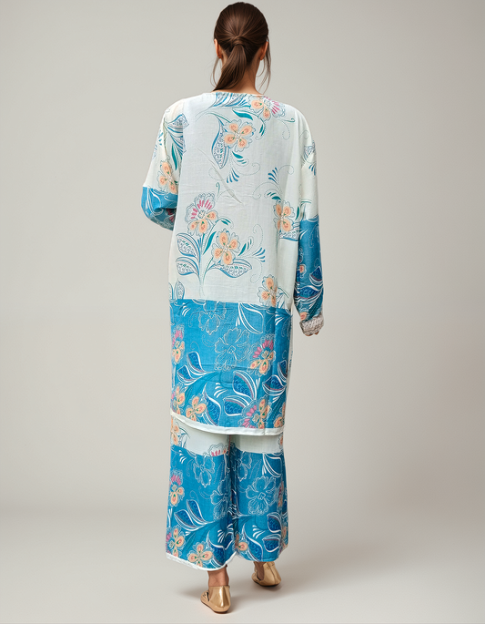 Blue Floral Printed Coord Set for Women – Lace V-Neck Cotton Two-Piece Outfit