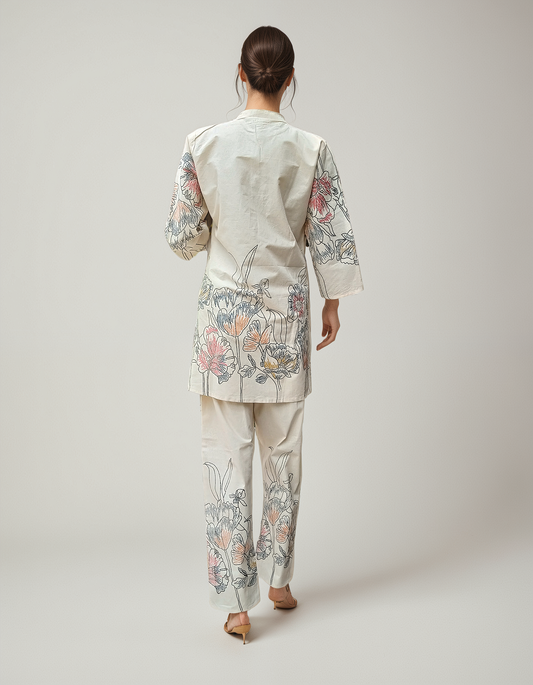 Off-White Botanical Print Coord Set for Women – Band Collar & Relaxed Fit