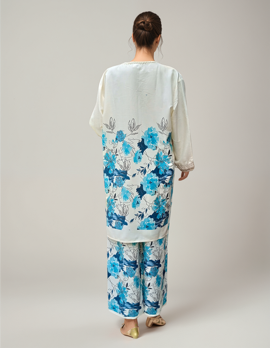 Blue Floral Coord Set with Lace V-Neck for Women – Free Size Casual Outfit