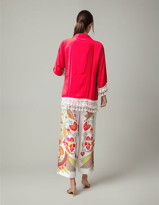 Women's Hot Red Shirt & Printed Palazzo Cotton Coord Set – Festive Summer Wear