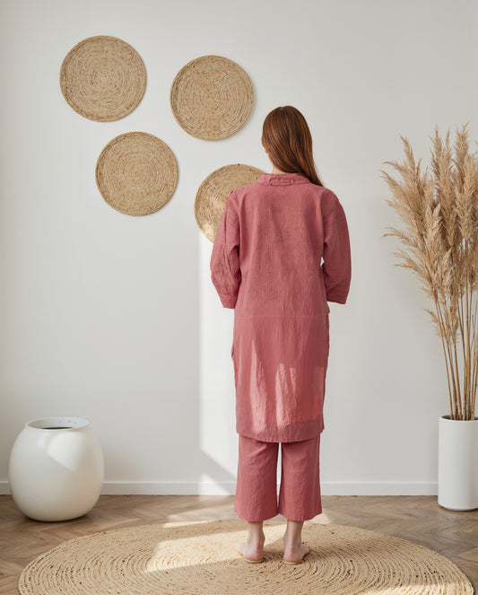 Coral Pink Cotton Coord Set for Women – Pocket Kurta Style Top with Pants