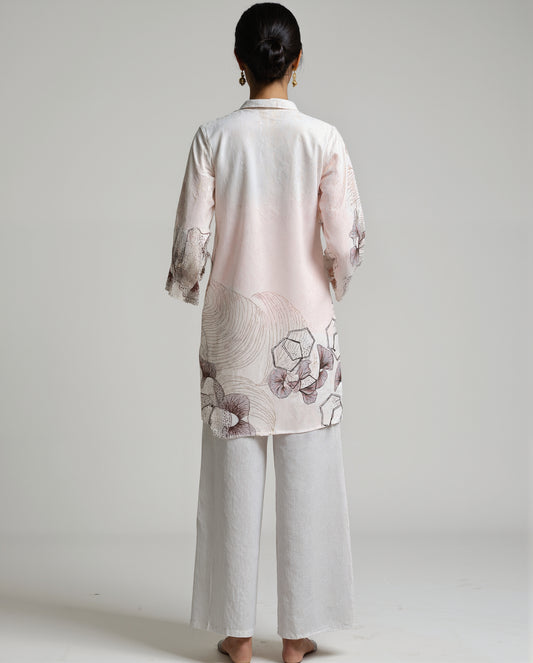 Women’s Beige Cotton Coord Set with Embroidered Neck & Floral Print – Free Size