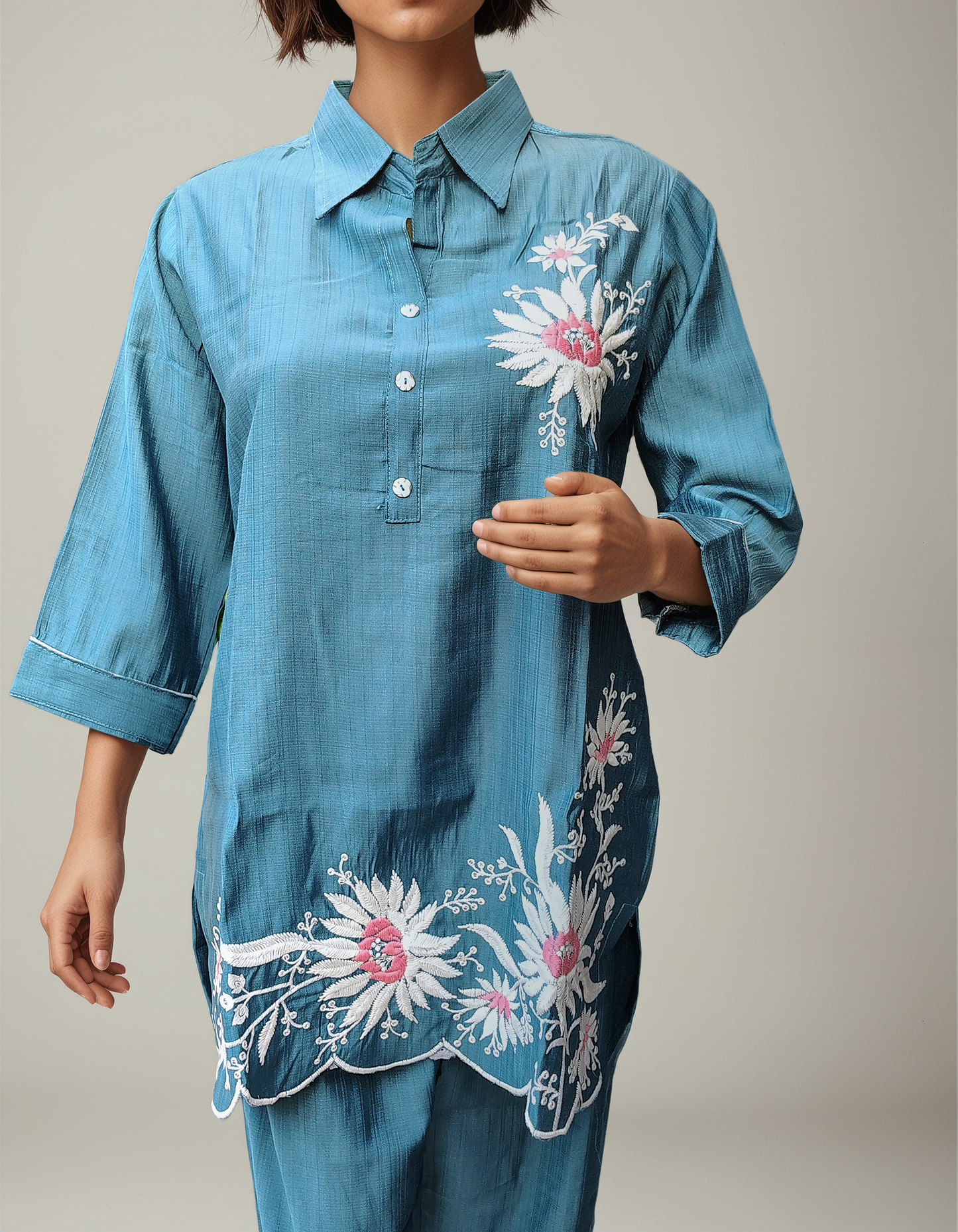 Women’s Blue Floral Cotton Coord Set – 2 Piece Relaxed Fit with Embroidered Detailing
