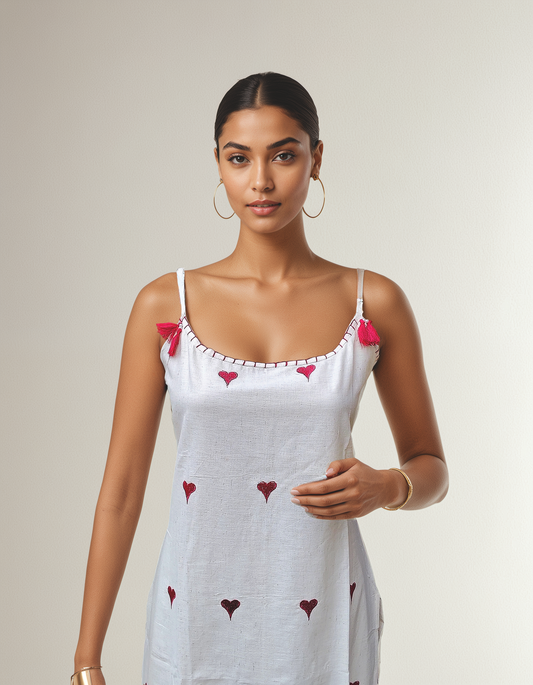 White Strappy Coord Set with Red Heart Embroidery