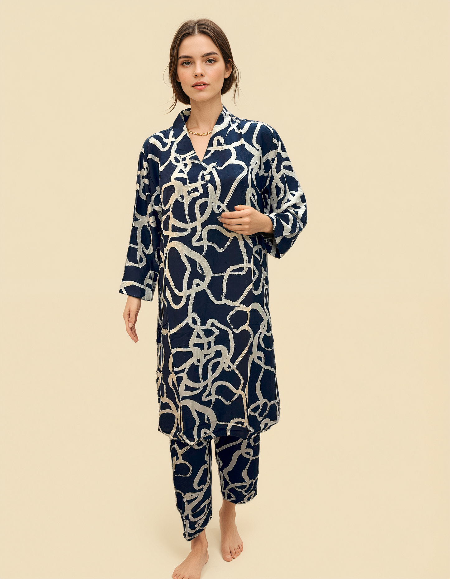 Midnight Maze Co-ord Set – Navy Blue Abstract Printed Cotton
