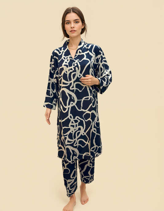 Midnight Maze Co-ord Set – Navy Blue Abstract Printed Cotton