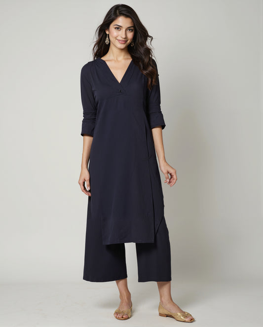 Cotton Black Coord Set | V-Neck Kurta with Pants | Free Size Fit | Casual & Workwear Co-ord Set for Women