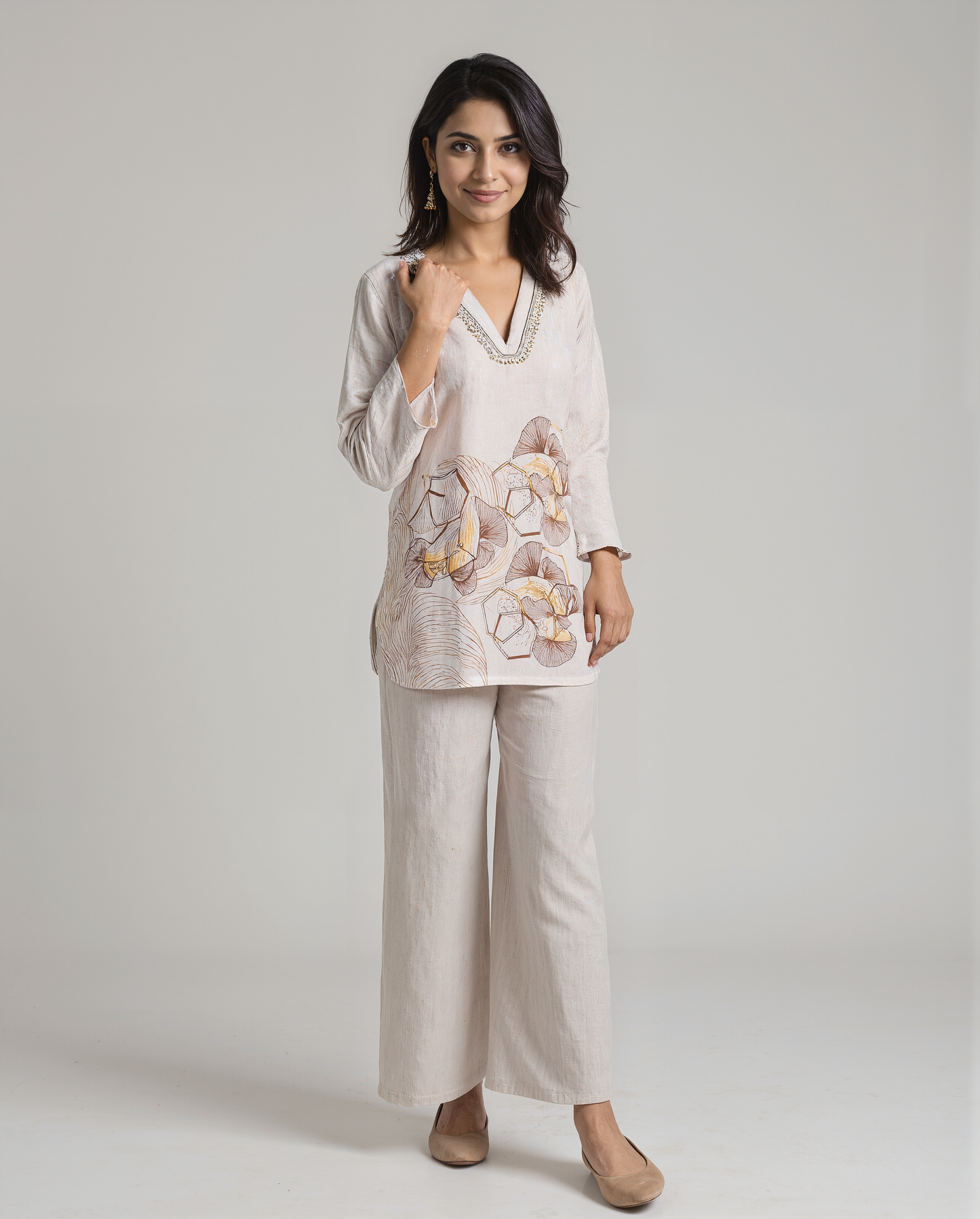 Women’s Beige Cotton Coord Set with Embroidered Neck & Floral Print – Free Size
