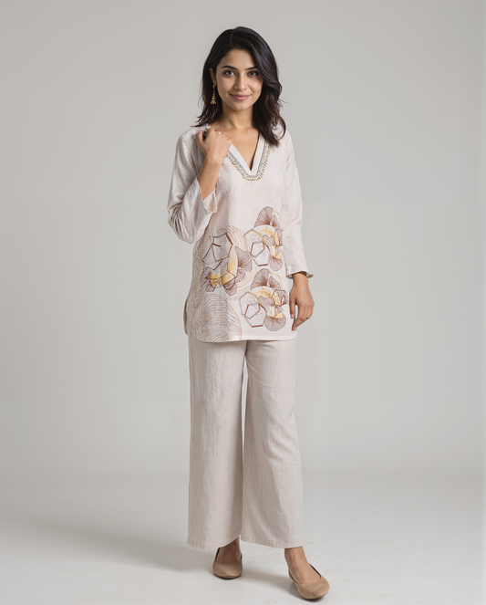 Women’s Beige Cotton Coord Set with Embroidered Neck & Floral Print – Free Size