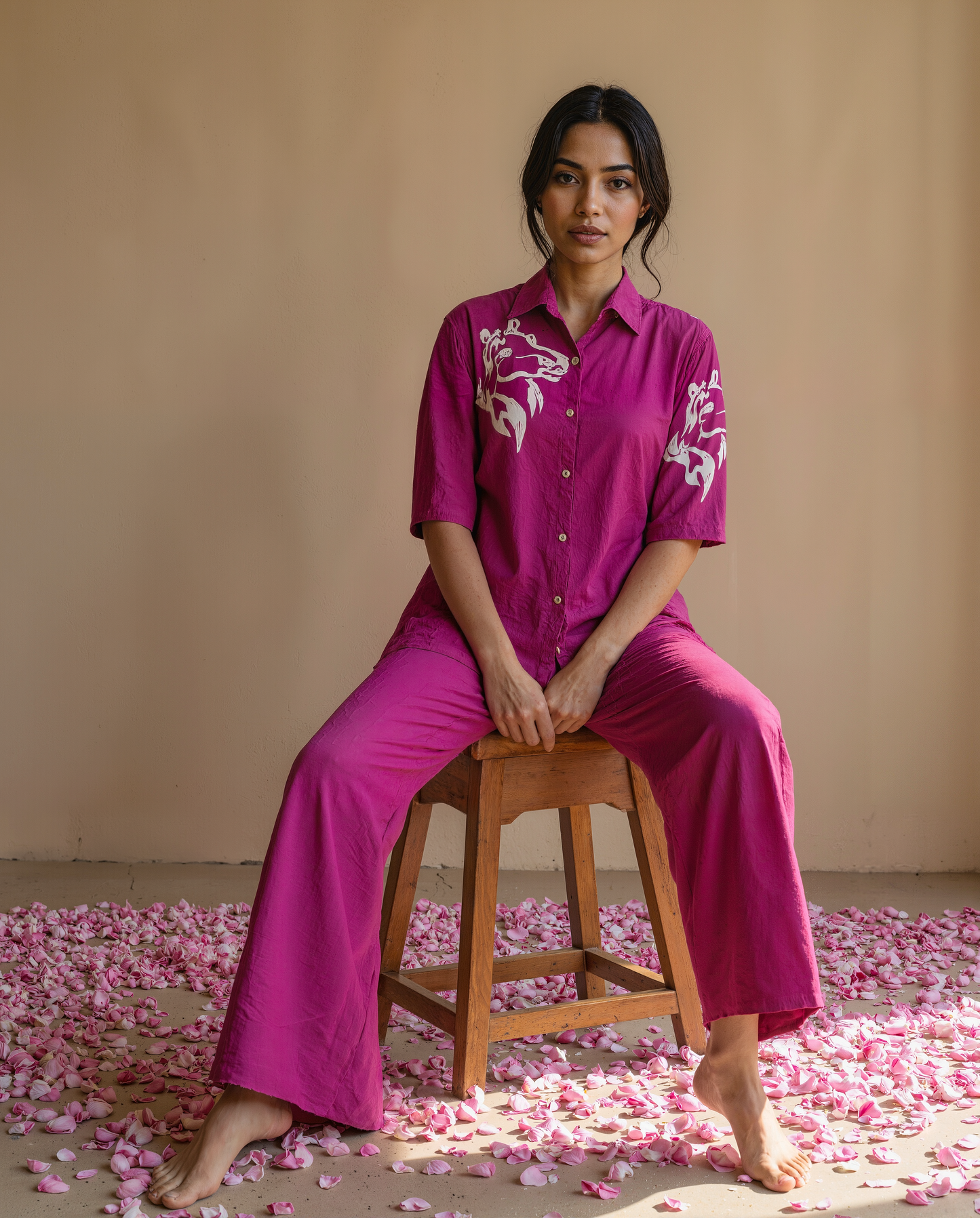 Magenta Horse Motif Coord Set – Cotton Casual Wear for Women