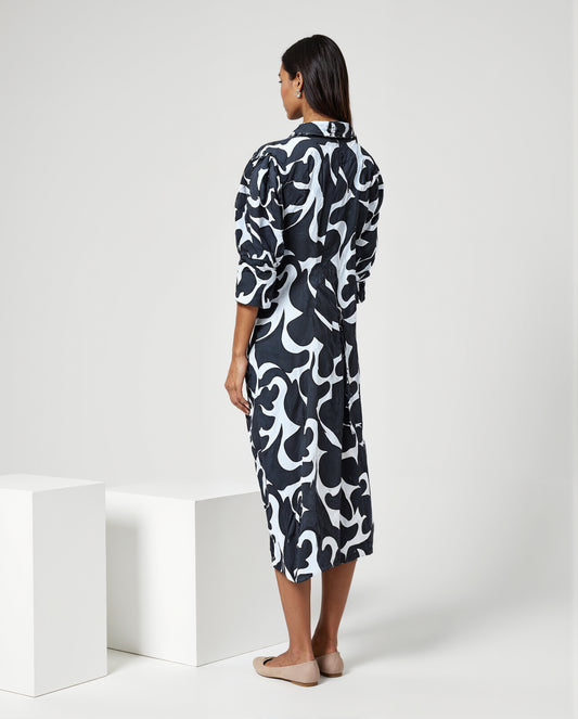 Black & White Printed Midi Shirt Dress for Women – Abstract Design with Waist Tie