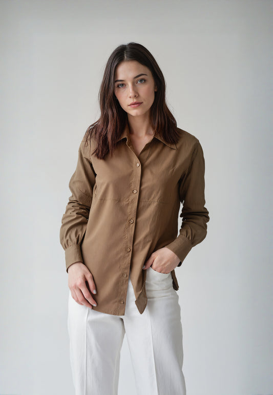 Sandstone Chic Cotton Shirt – Indo-Western Solid Beige Longline Topwear