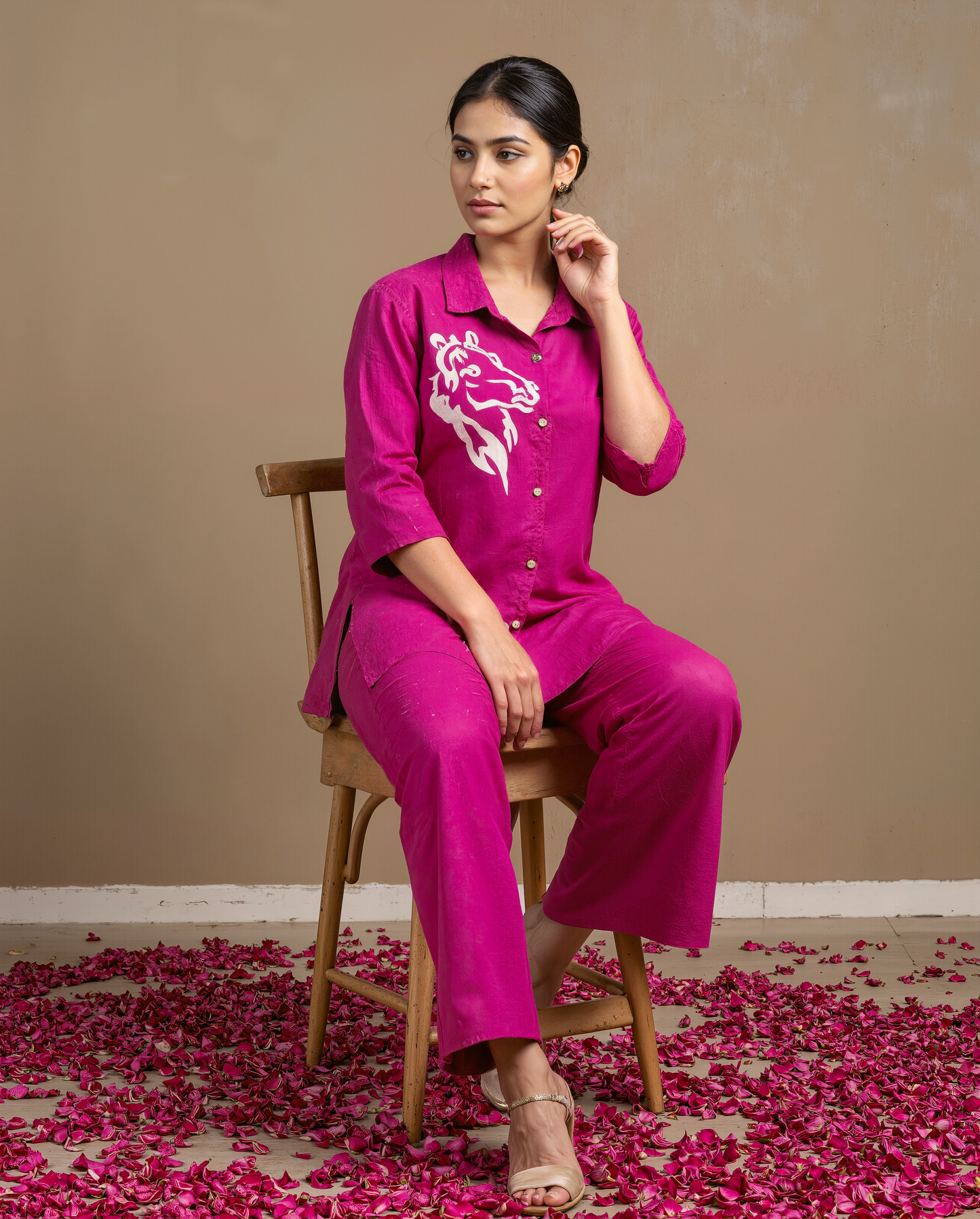 Magenta Horse Motif Coord Set – Cotton Casual Wear for Women