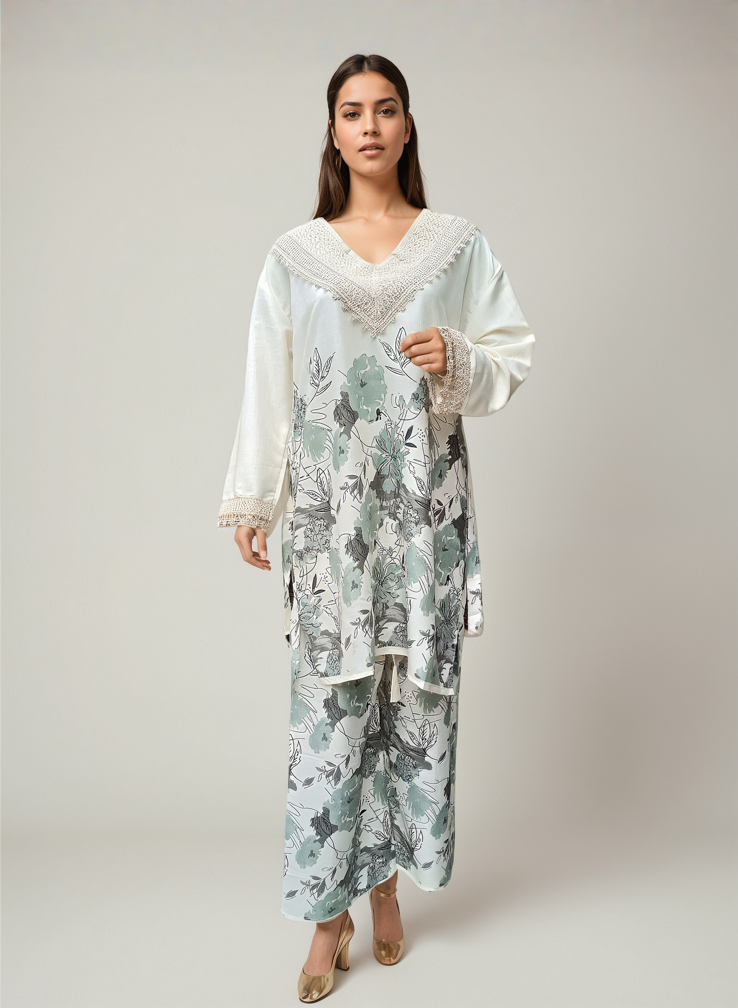 Ivory Cotton Floral Coord Set for Women – Elegant Free Size Outfit