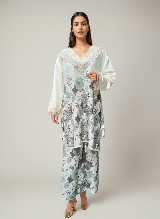 Ivory Cotton Floral Coord Set for Women – Elegant Free Size Outfit