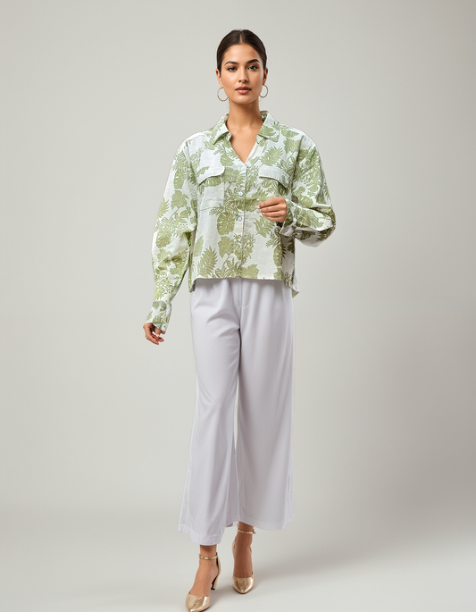 Green Botanical Print Cotton Shirt – Long Sleeve Collared Top with Relaxed Fit | Ideal for Casual Outings & Summer Days