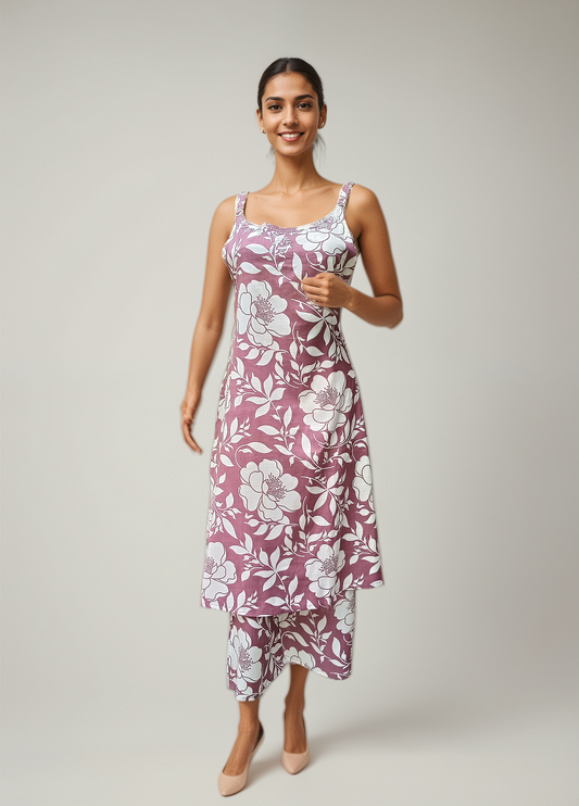 Cotton Floral Coord Set – Sleeveless Printed Kurta with Pants | Summer Co-ord Set | Mauve White Floral | Free Size Fit