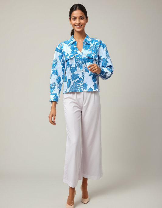Sky Blue Floral Cotton Shirt – Casual Long Sleeve Collared Shirt with Pockets | Lightweight Summer Shirt for Office & Daily Wear