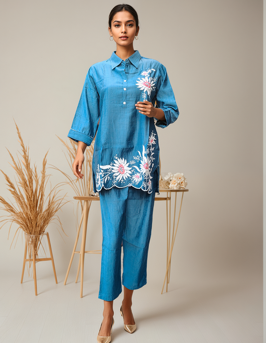Women’s Blue Floral Cotton Coord Set – 2 Piece Relaxed Fit with Embroidered Detailing
