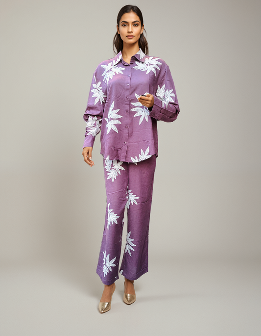 Lavender Coord Set with White Leaf Embroidery