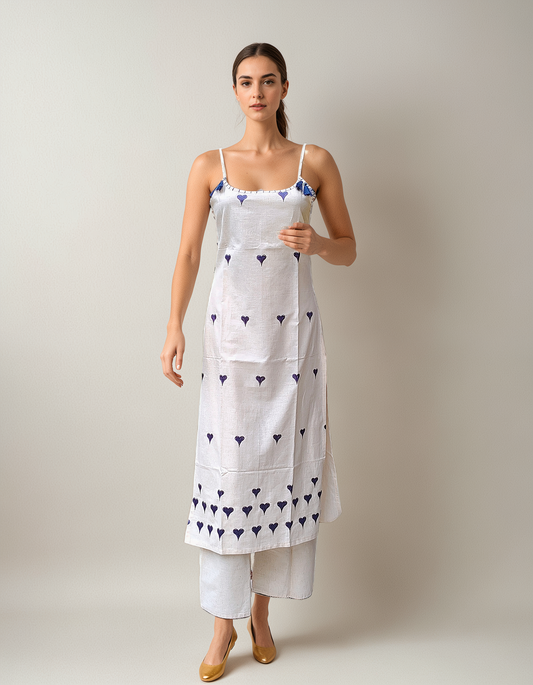 White Strappy Coord Set with Navy Heart Embroidery