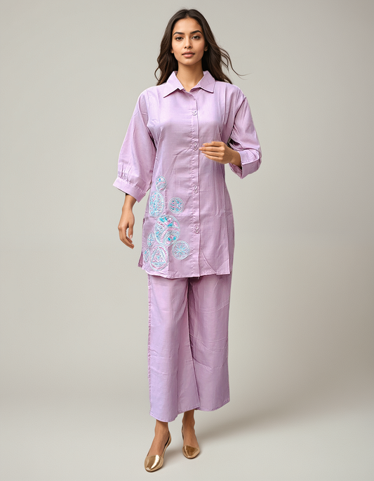 Dusty Lilac Coord Set with Embroidered Mandala Motifs