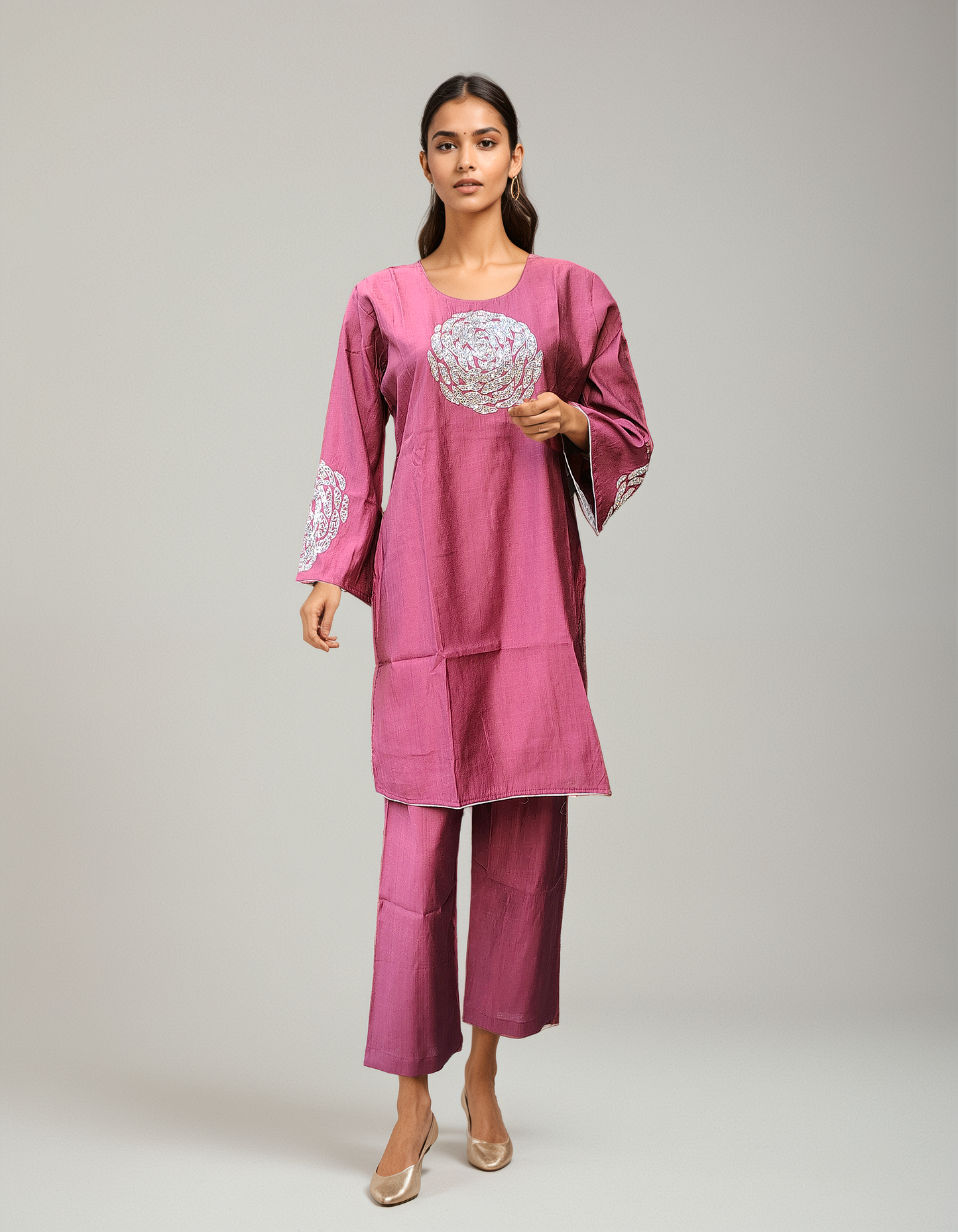 Mauve Wine Embroidered Coord Set – Festive Kurta Pant Set