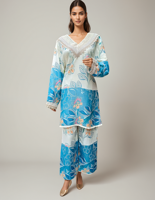 Blue Floral Printed Coord Set for Women – Lace V-Neck Cotton Two-Piece Outfit