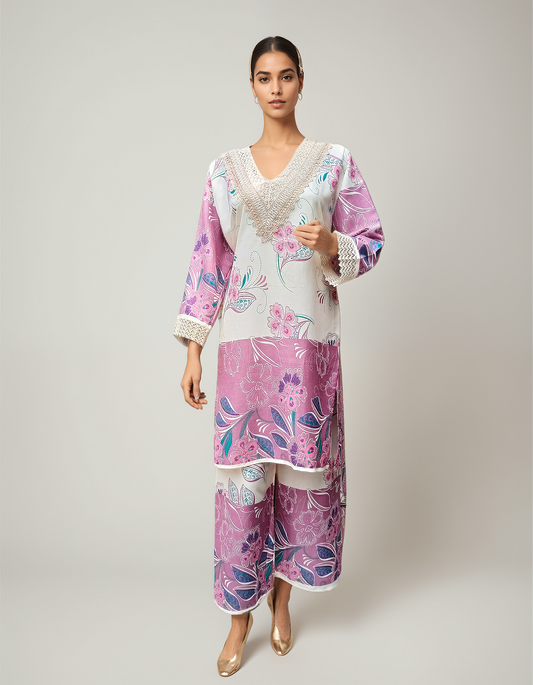 Pink & Purple Floral Coord Set for Women – Ethnic Print Two-Piece Ensemble