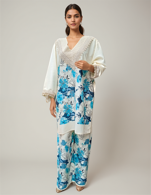 Blue Floral Coord Set with Lace V-Neck for Women – Free Size Casual Outfit