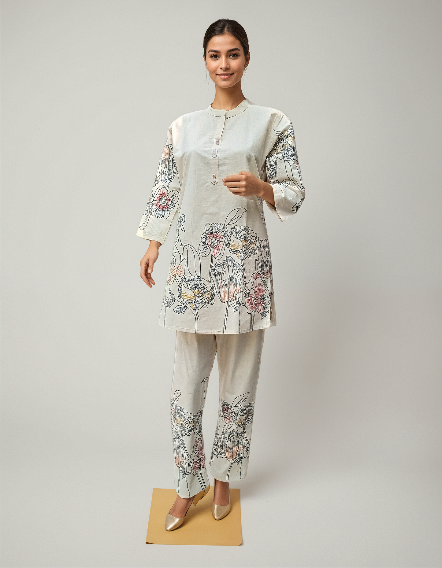 Off-White Botanical Print Coord Set for Women – Band Collar & Relaxed Fit