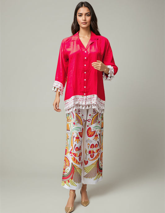 Women's Hot Red Shirt & Printed Palazzo Cotton Coord Set – Festive Summer Wear