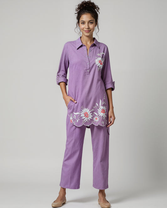 Lilac Cotton Coord Set for Women – Embroidered Floral Hem & Shirt Collar
