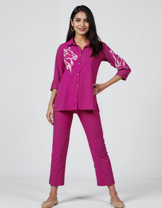 Magenta Horse Motif Coord Set – Cotton Casual Wear for Women
