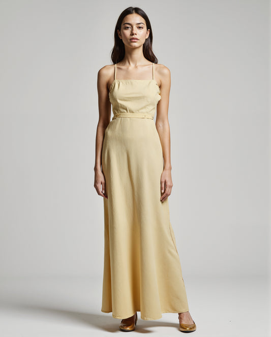 Mustard Yellow Cotton Maxi Dress – Spaghetti Straps, Free Size Fit, Lightly Padded Bust, Summer Long Dress