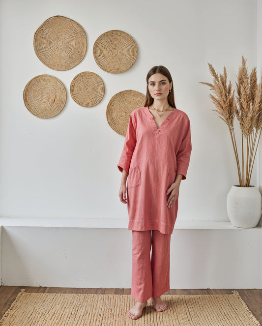 Coral Pink Cotton Coord Set for Women – Pocket Kurta Style Top with Pants