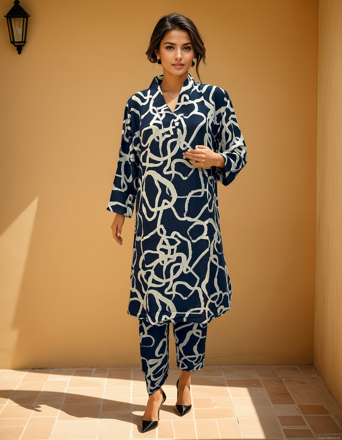 Midnight Maze Co-ord Set – Navy Blue Abstract Printed Cotton